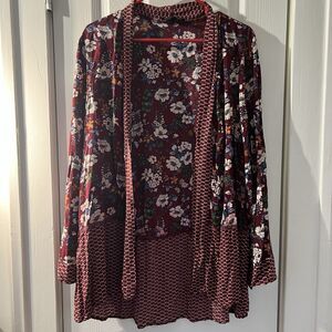 Suzanne Betro Burgundy Multicolored Floral Duster Cardigan, Women’s Size Large